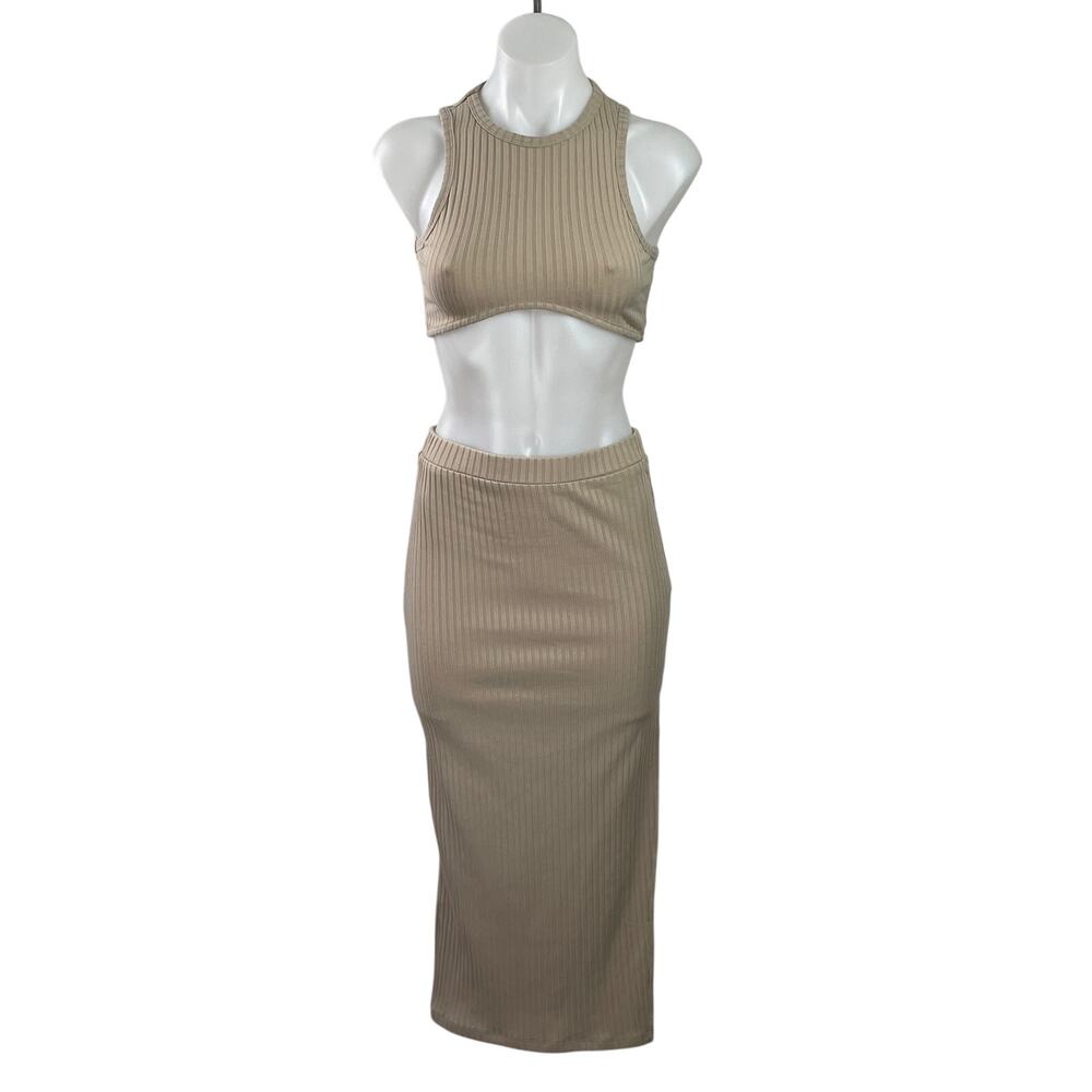 Princess Polly Ellie Beige Sleeveless Ribbed Knit Crop Top & Maxi Skirt Set Sz 2